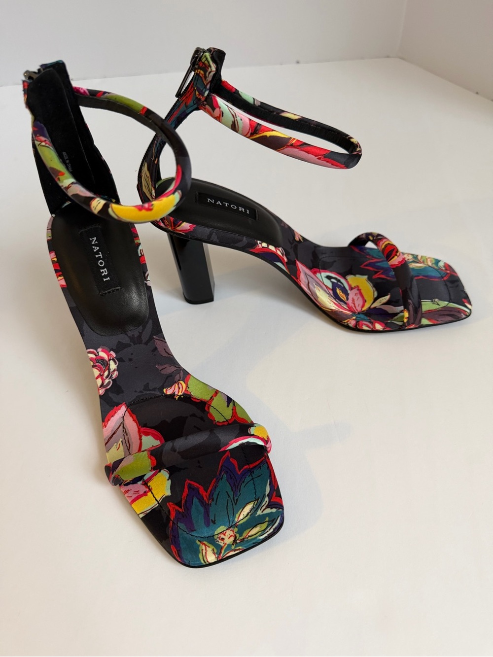 Natori Floral Square-Toe Ankle-Strap Heels in Black, Pink, Green, Yellow